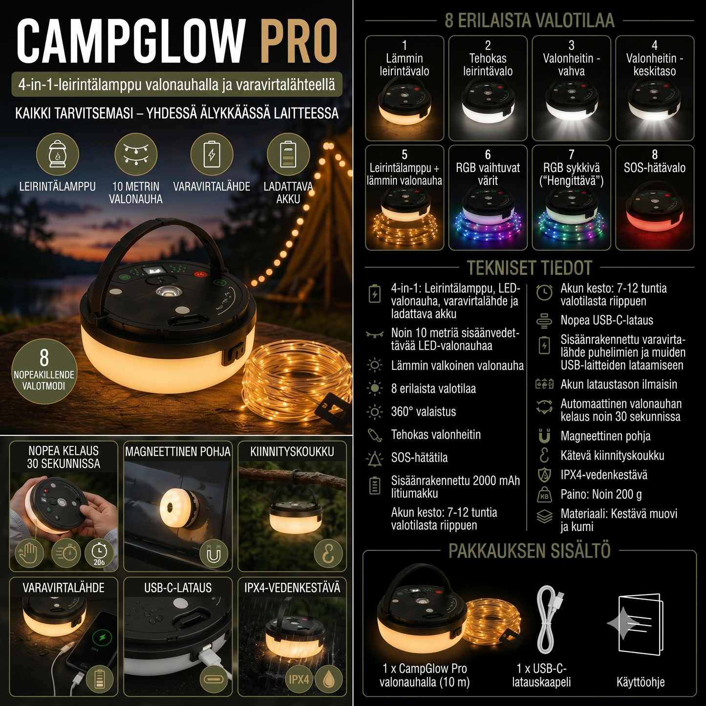 CampGlow 4-in-1 ladattava retkeilylamppu valonauhalla ja varavirtalähteellä