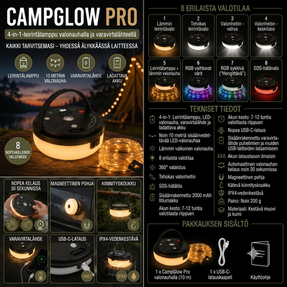 CampGlow 4-in-1 ladattava retkeilylamppu valonauhalla ja varavirtalähteellä