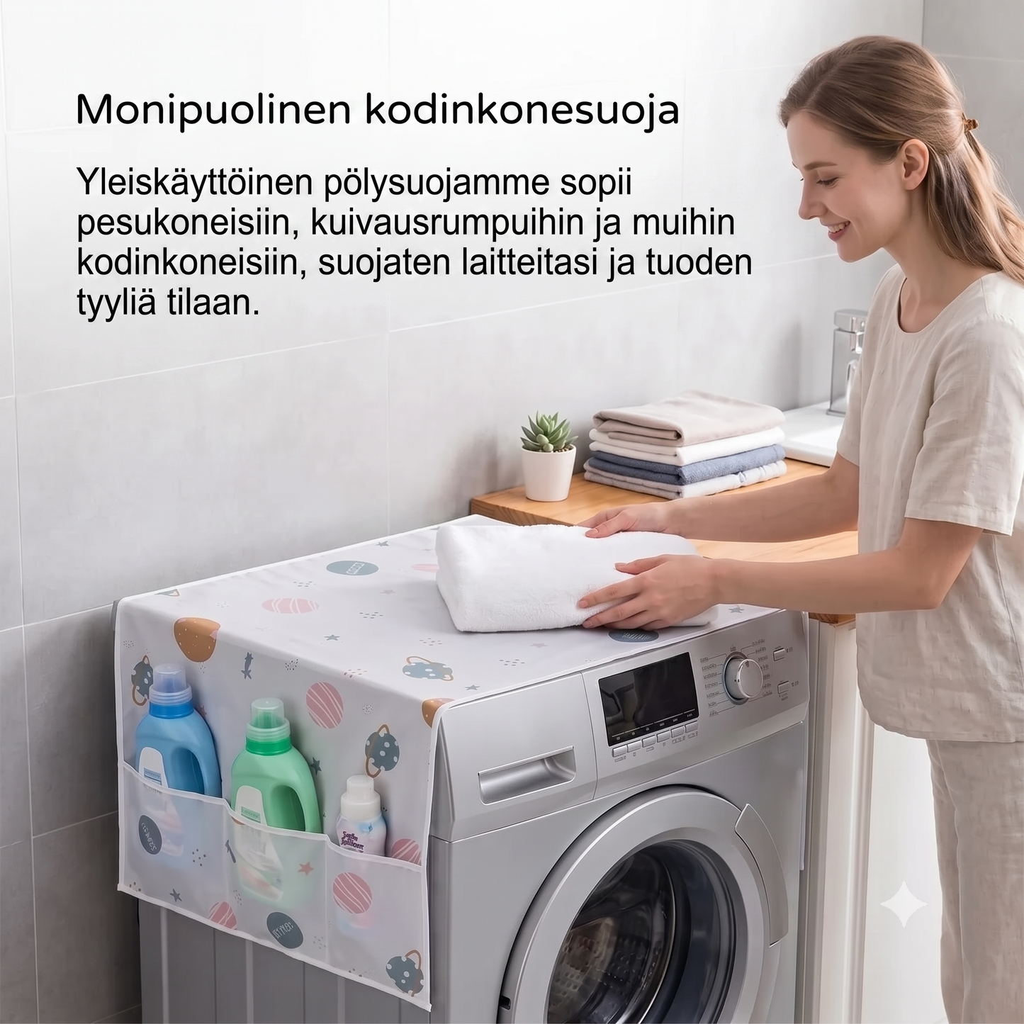 Pyykinpesukoneen suojapäällinen sivutaskuilla