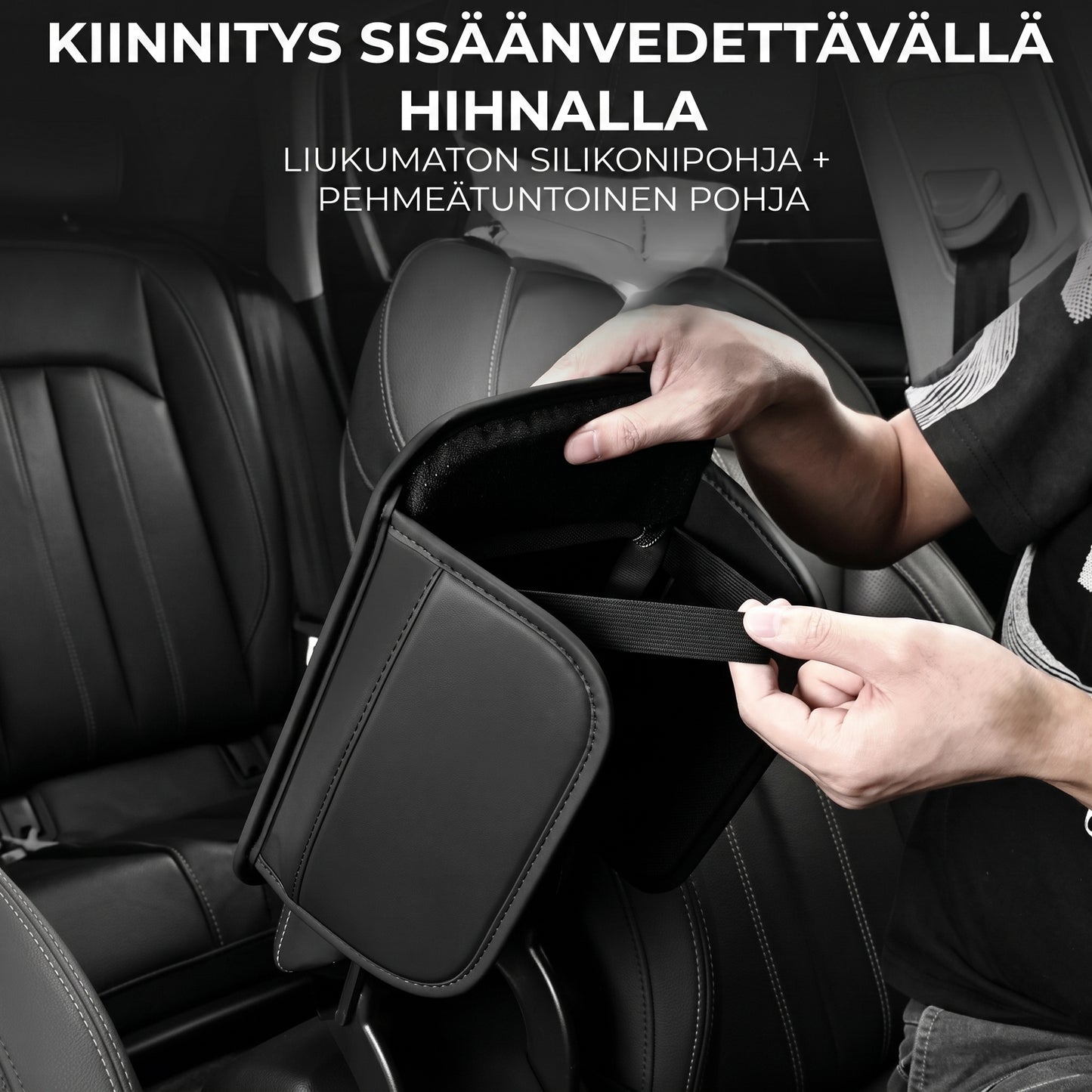 Auton keskikonsolin käsinojan suojus sivutaskuilla