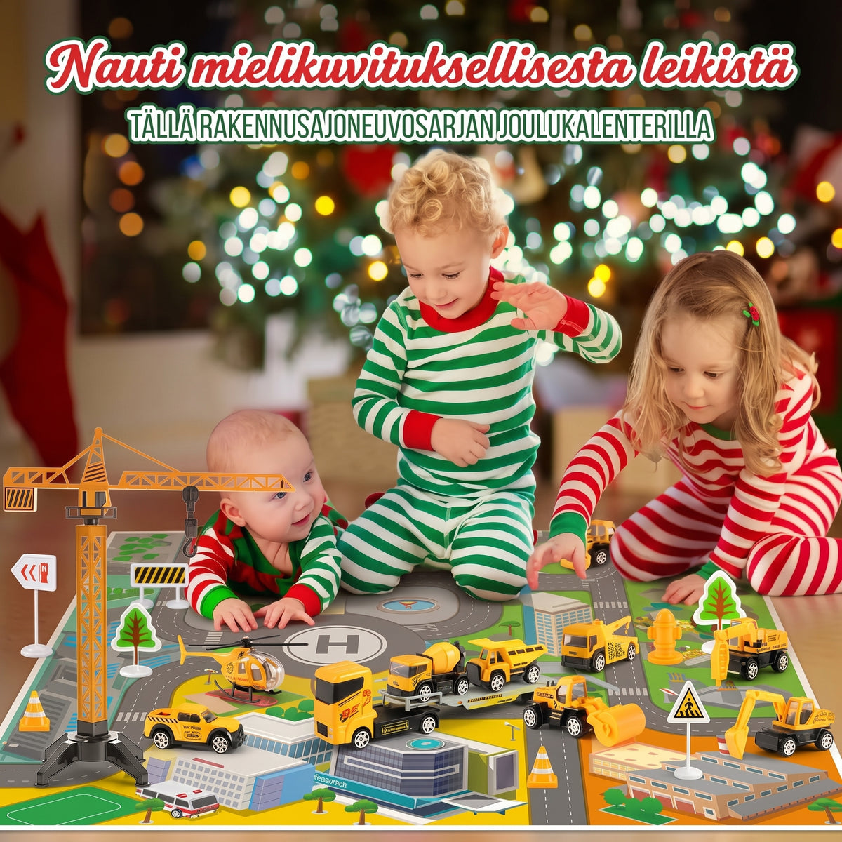 Rakennustyömaa-aiheinen adventtikalenteri 24 metallisella minirakennusajoneuvolla
