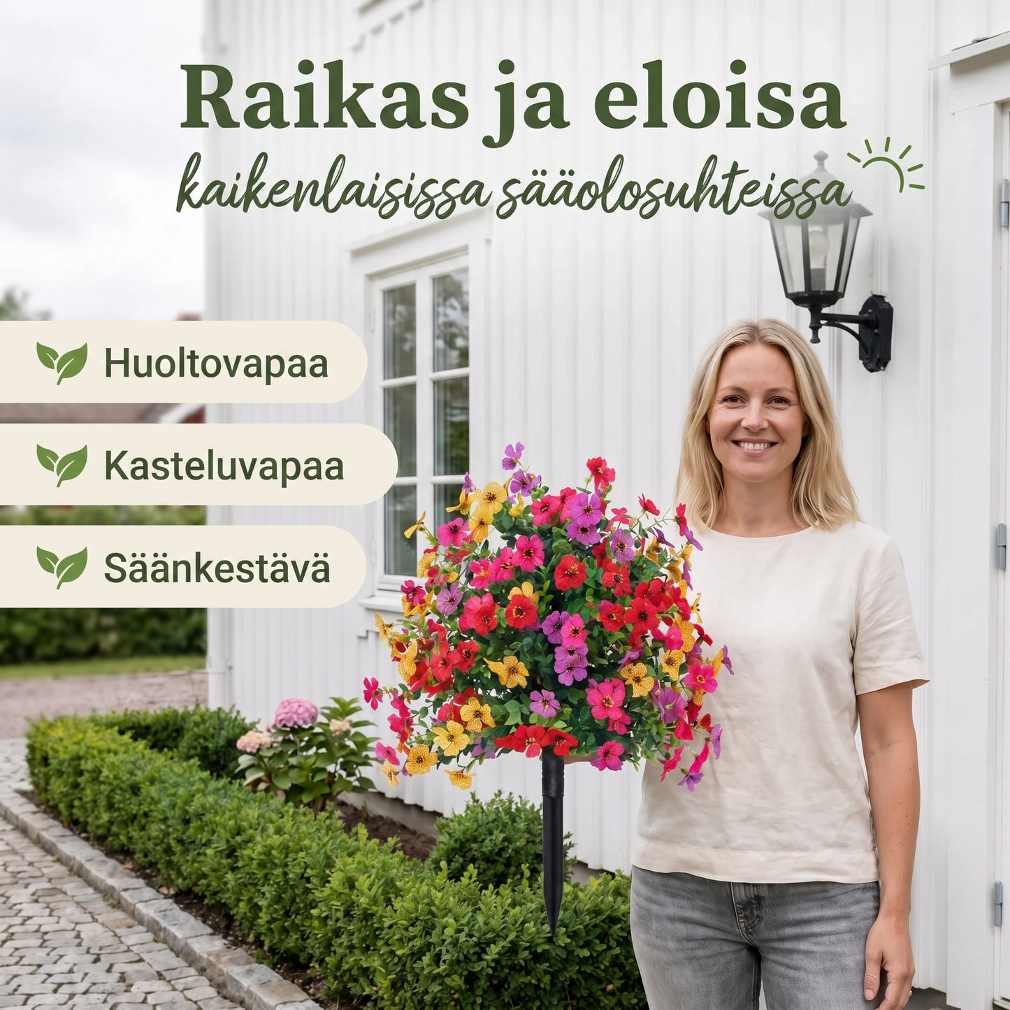 Säänkestävät FloraLux-tekokukat sisäänkäynnille ja terassille