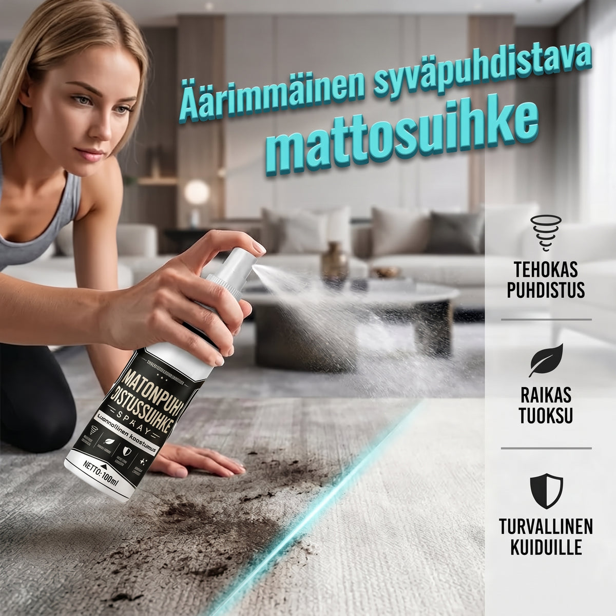 Tahranpoistoaine matoille ja verhoiluille ilman hankausta