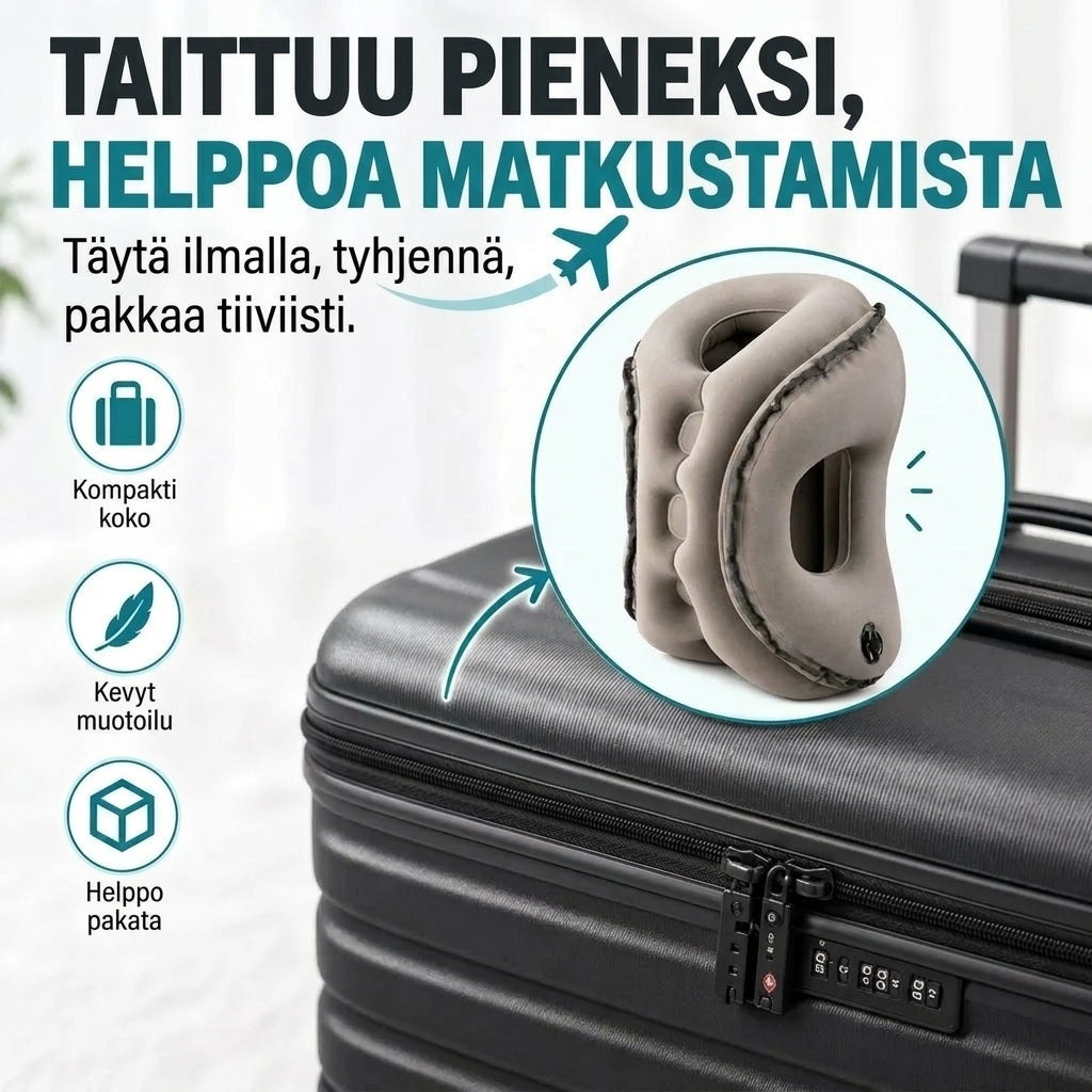 Puhallettava matkatyyny matkalle