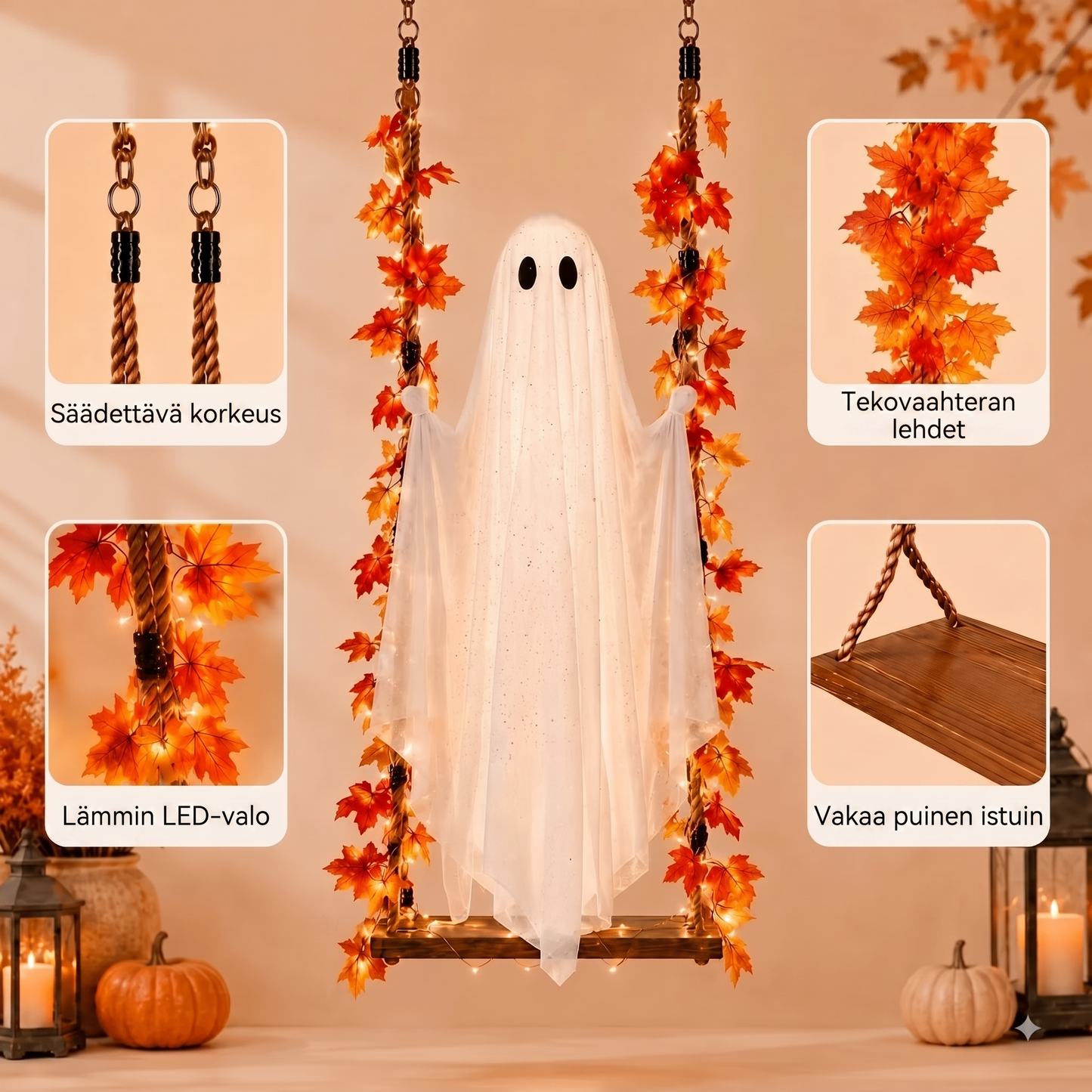 LED-valoilla varustettu roikkuva kummituskeinu Halloweeniksi
