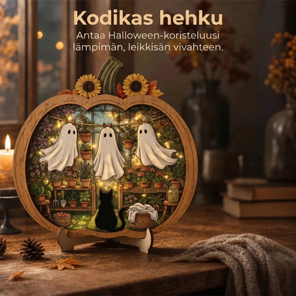 Puinen Halloween-kurpitsakoriste LED-valolla