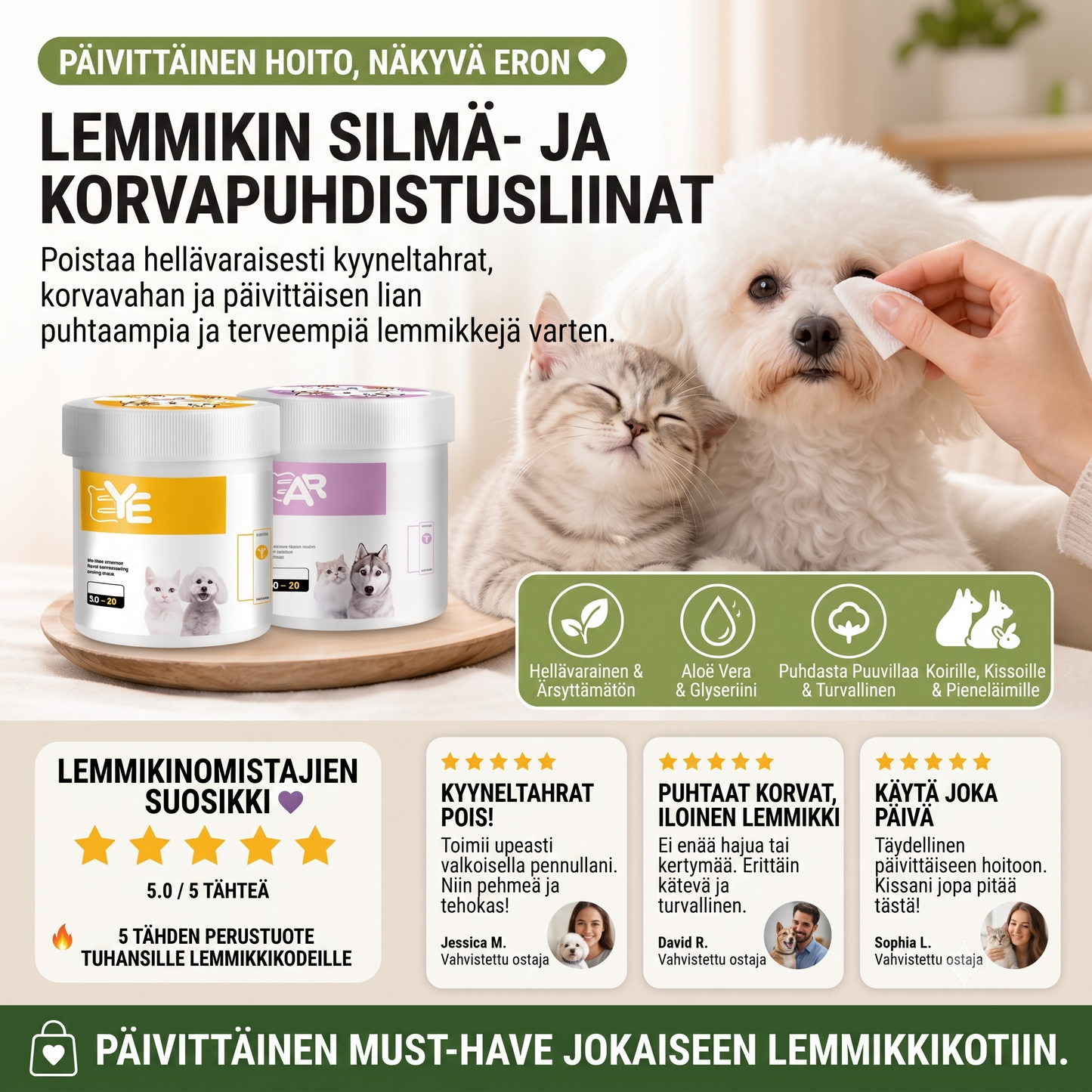 Alkoholittomat puhdistusliinat lemmikkien korville ja silmille