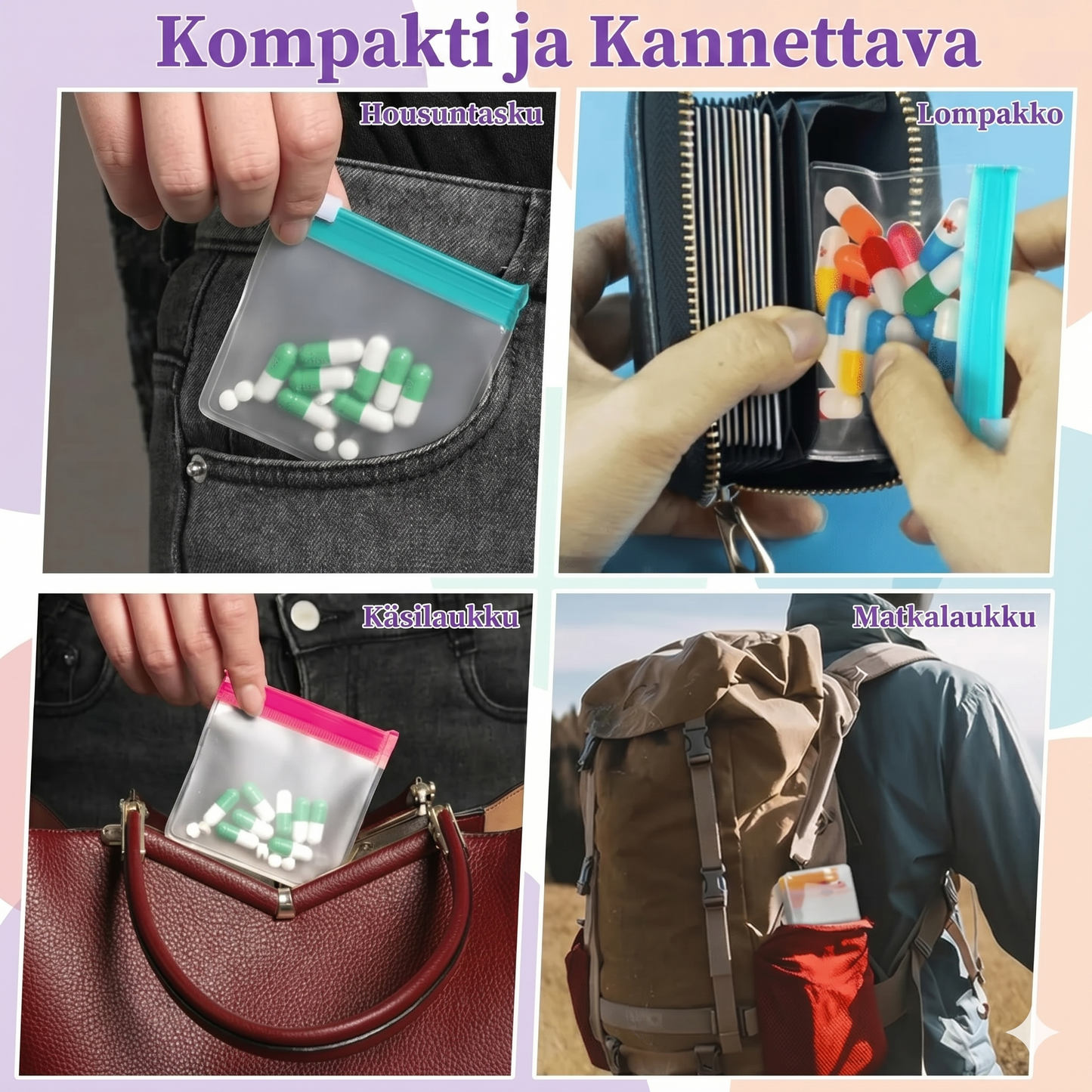 7 osan setti läpinäkyviä pilleripusseja liukulukituksella – ilmatiivis