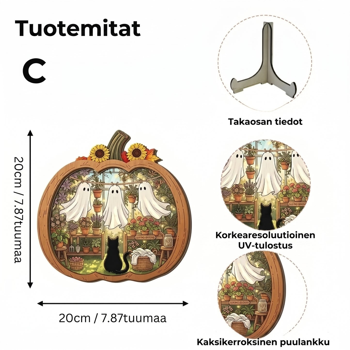 Puinen Halloween-kurpitsakoriste LED-valolla
