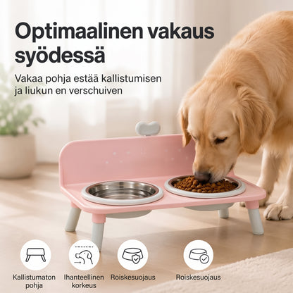Korotettu kaksiosainen ruokakuppiteline kissoille ja koirille ruostumattomasta teräksestä valmistetuilla kupeilla