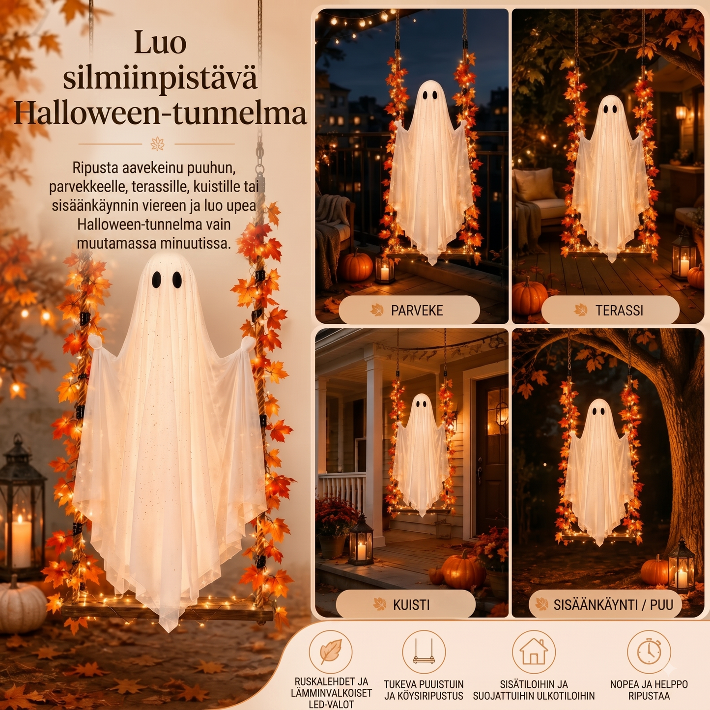 LED-valoilla varustettu roikkuva kummituskeinu Halloweeniksi