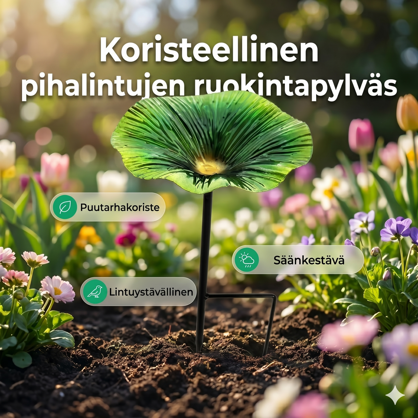 Värikäs lintujen ruokintalaite puutarhaan