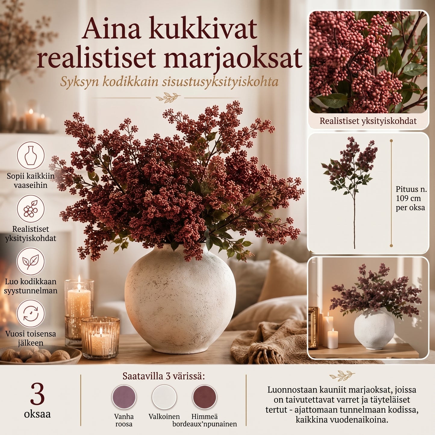 Everbloom aidonnäköiset marjaoksat syyskoristeeksi 3 kpl