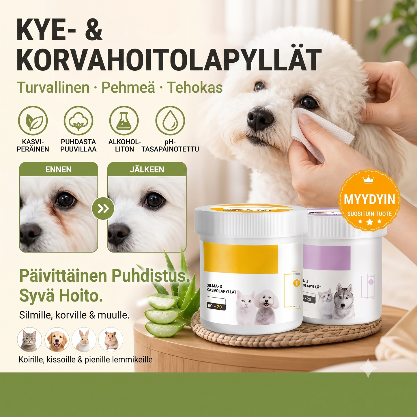 Alkoholittomat puhdistusliinat lemmikkien korville ja silmille