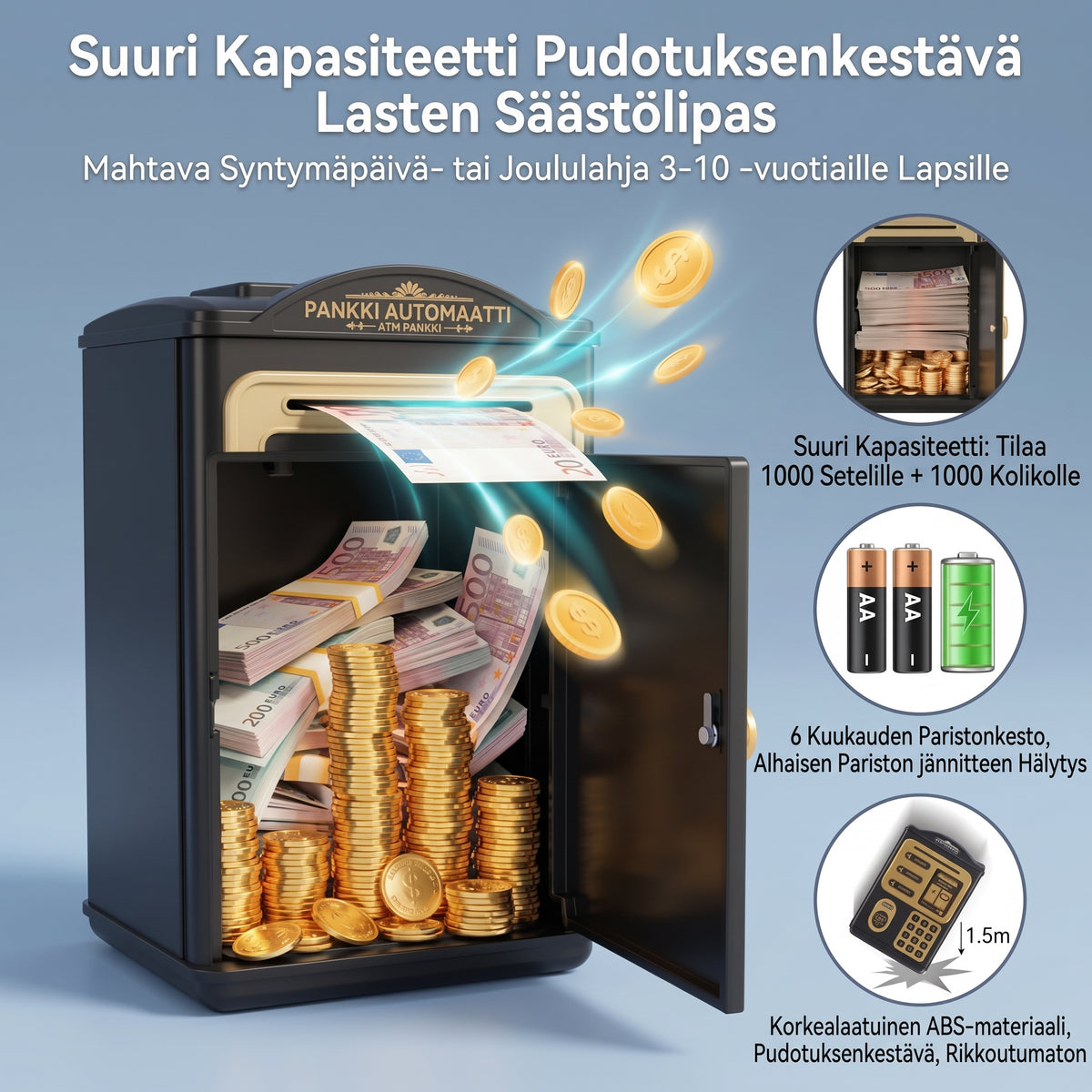 Automaattinen ATM-säästöpankki lapsille salasanalla