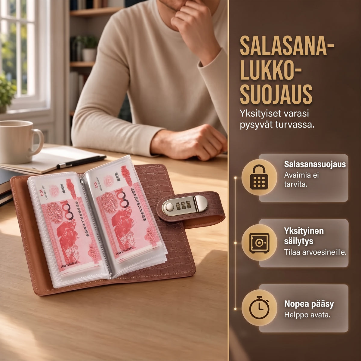 Säästökansio numerolukolla käteistä varten