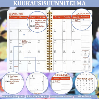 Viiden vuoden A5-kuukausikalenteri 2026–2030 skotlantilaisella ylämaankarjadesignilla