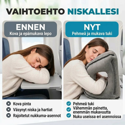 Puhallettava matkatyyny matkalle