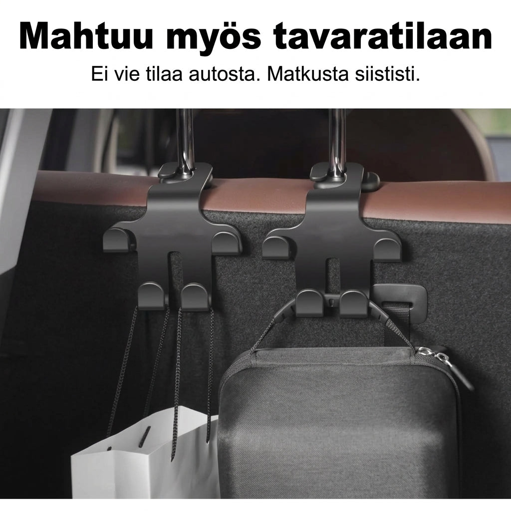 Auton niskatuen koukut laukuille 2 kappaleen setti