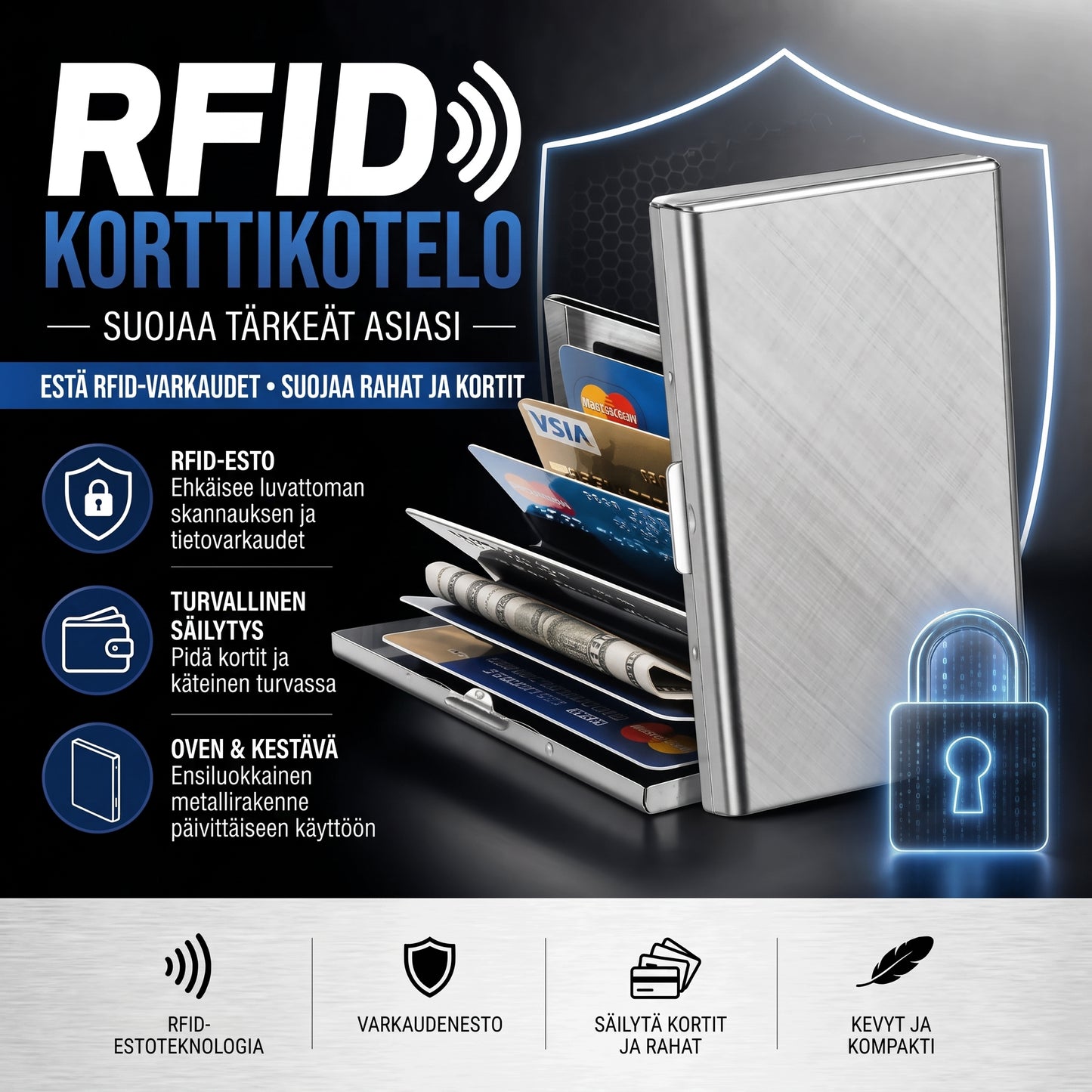 Ruostumattomasta teräksestä valmistettu RFID-korttikotelo 10 lokerolla