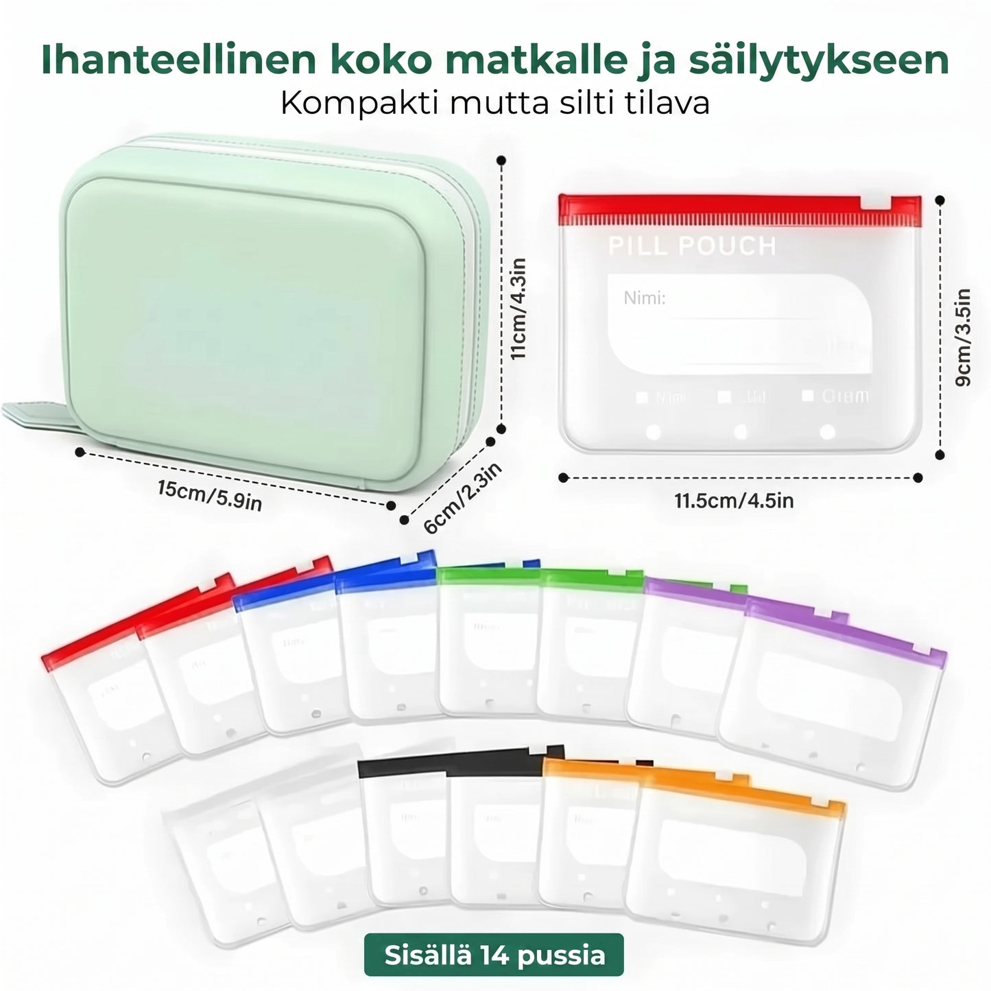 Vedenpitävät lääkepussit värikoodauksella