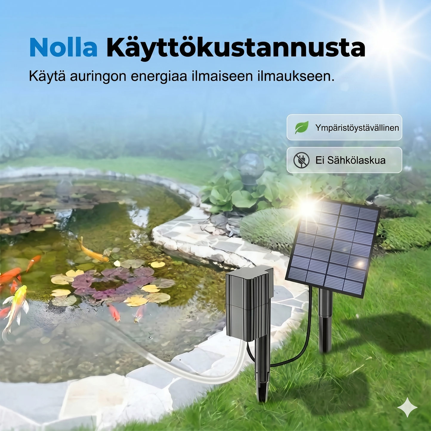 Aurinkoenergialla toimiva lammikon ilmastin – tarjoaa jatkuvasti happea kaloille ja kasveille