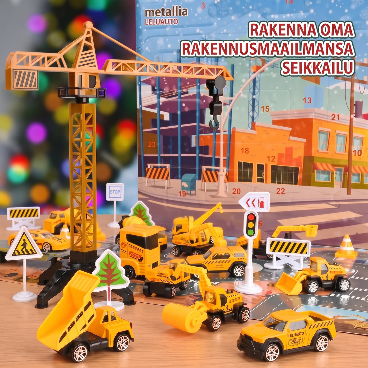 Rakennustyömaa-aiheinen adventtikalenteri 24 metallisella minirakennusajoneuvolla