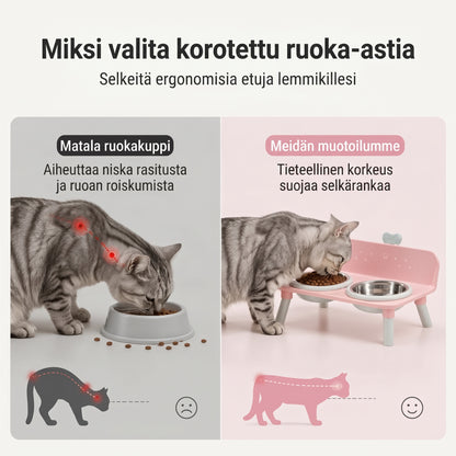 Korotettu kaksiosainen ruokakuppiteline kissoille ja koirille ruostumattomasta teräksestä valmistetuilla kupeilla