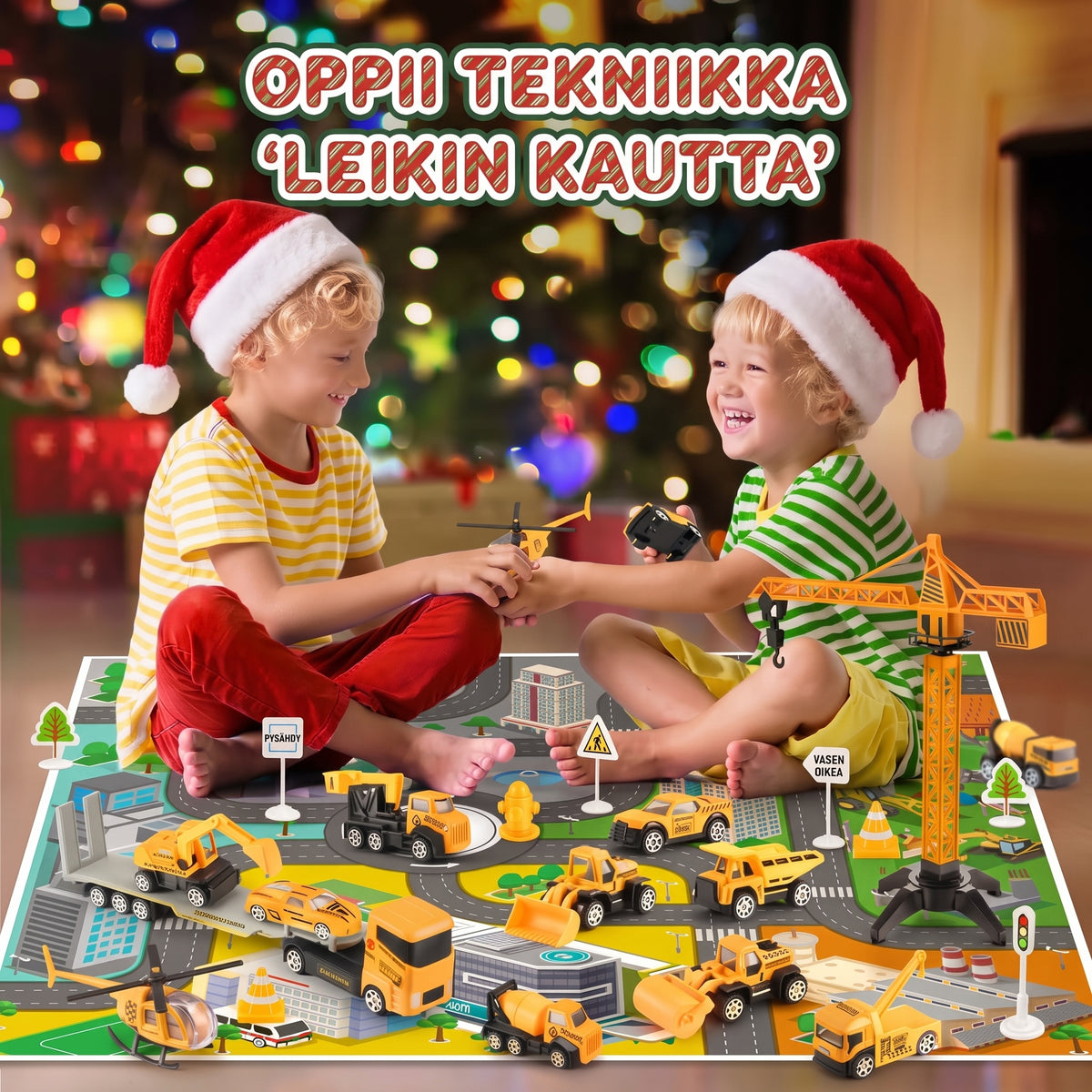 Rakennustyömaa-aiheinen adventtikalenteri 24 metallisella minirakennusajoneuvolla