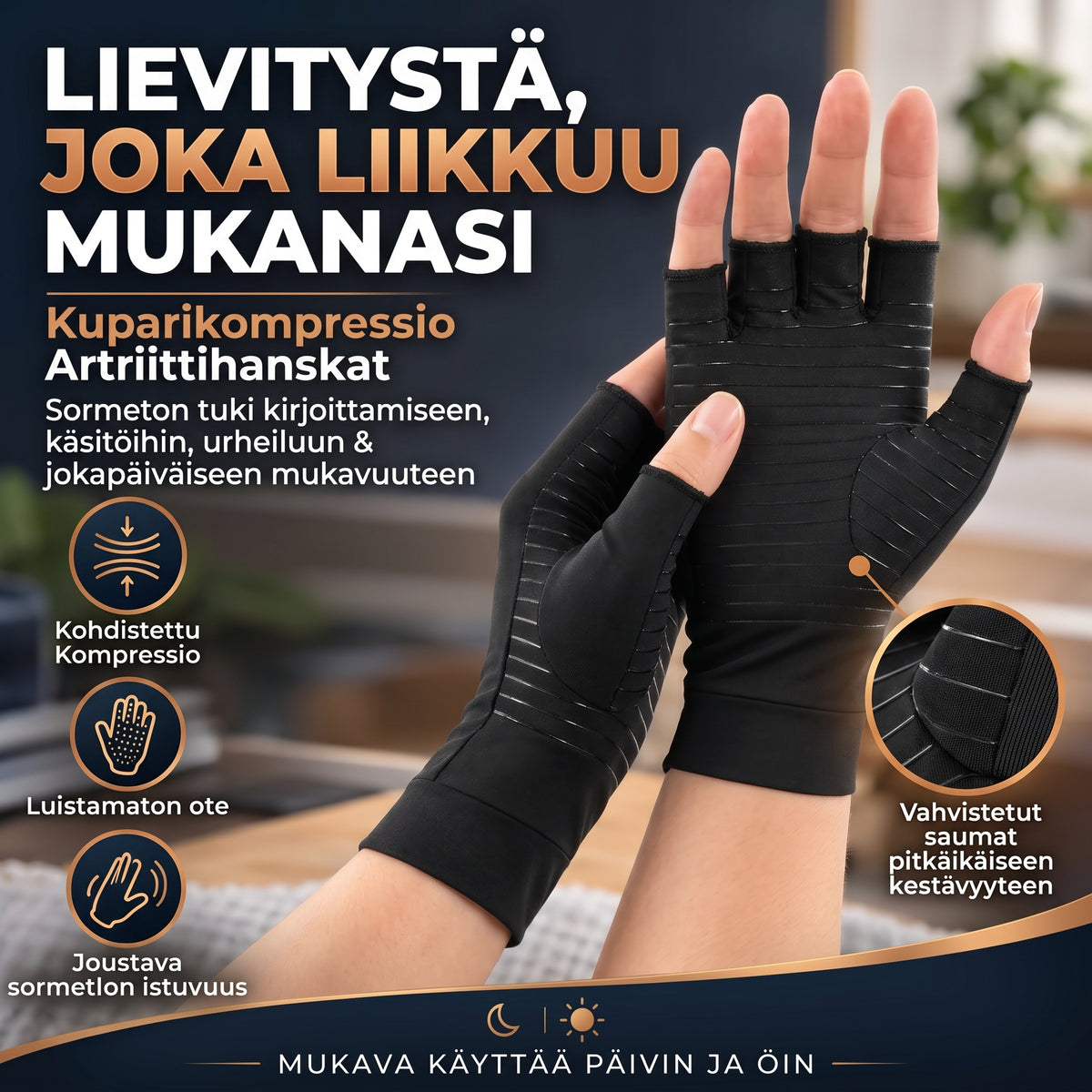 Kuparia sisältävät kompressiohanskat 1 pari