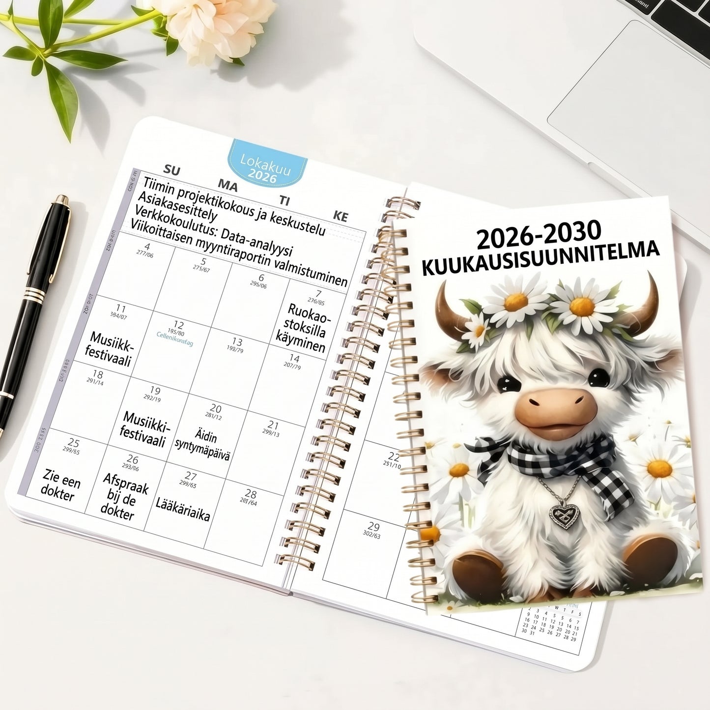 Viiden vuoden A5-kuukausikalenteri 2026–2030 skotlantilaisella ylämaankarjadesignilla