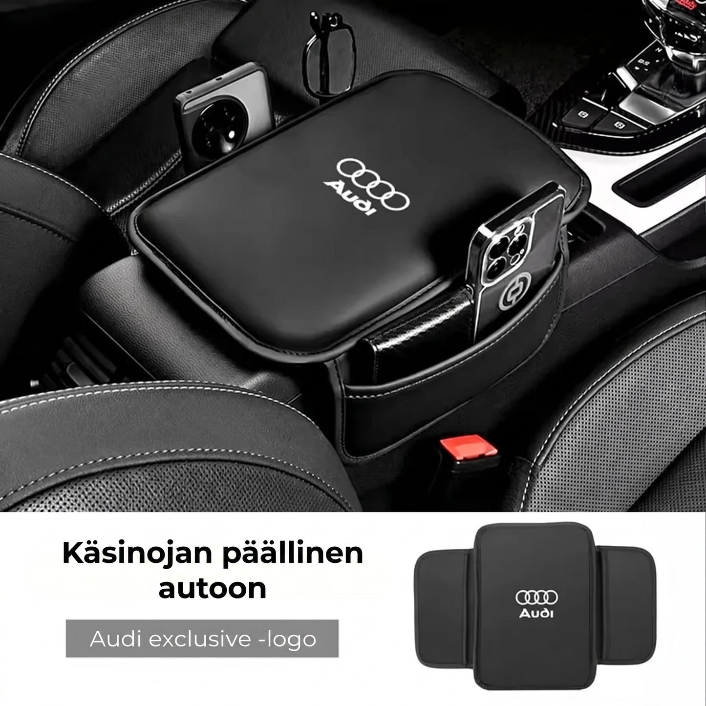 Auton keskikonsolin käsinojan suojus sivutaskuilla