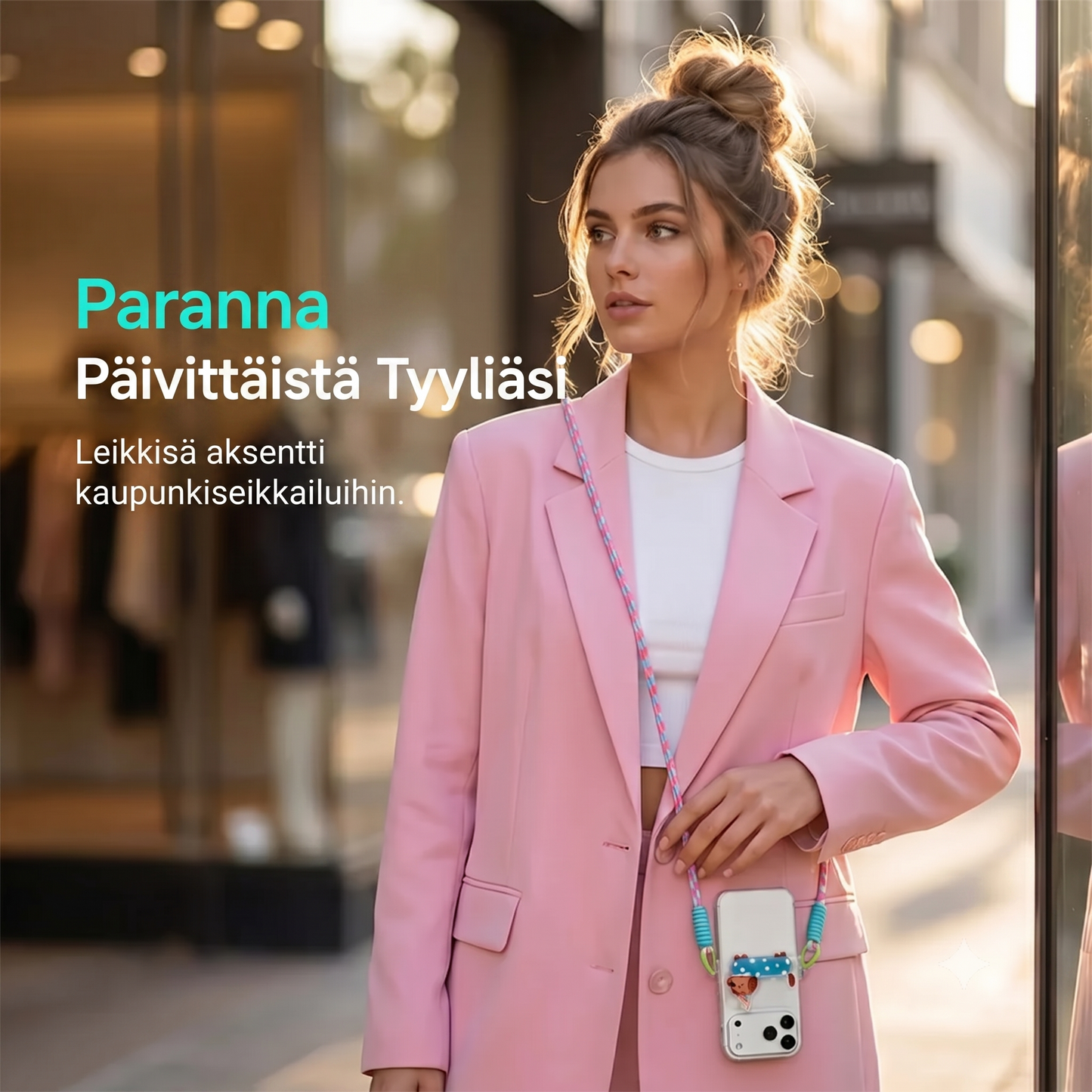 Puhelinpidike sarjakuvahahmolla ja rannelenkillä