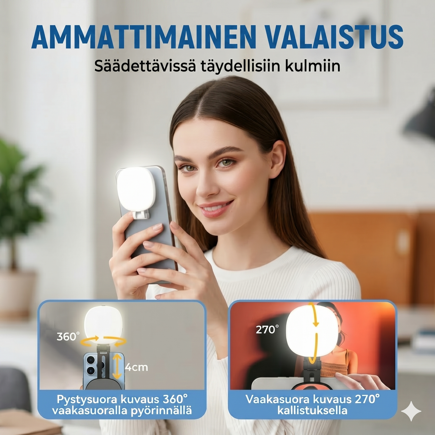 3-in-1 puhelinteline, peili ja magneettinen selfie-täytevalo