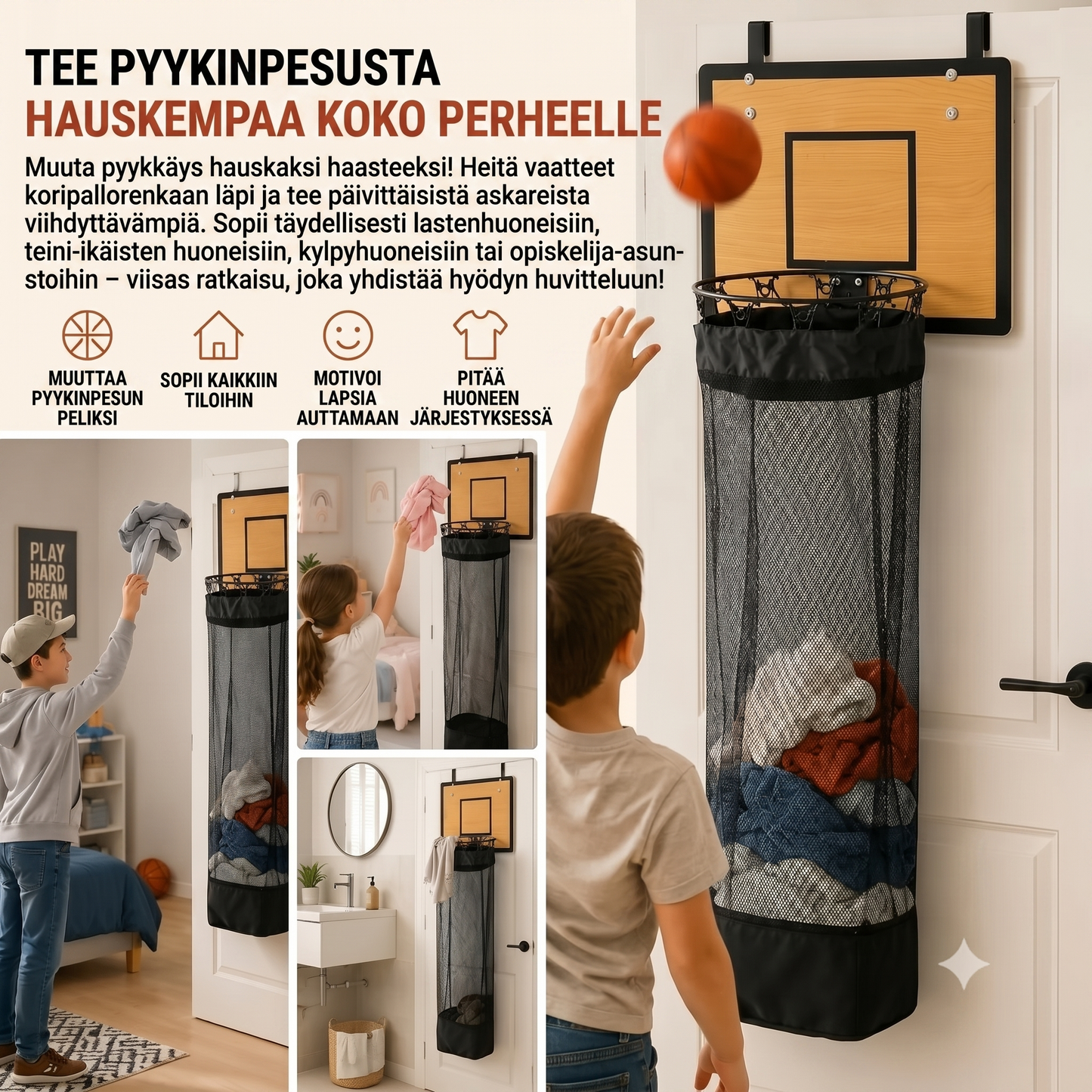 Oven taustalle ripustettava pyykkikori koripallorenkaalla