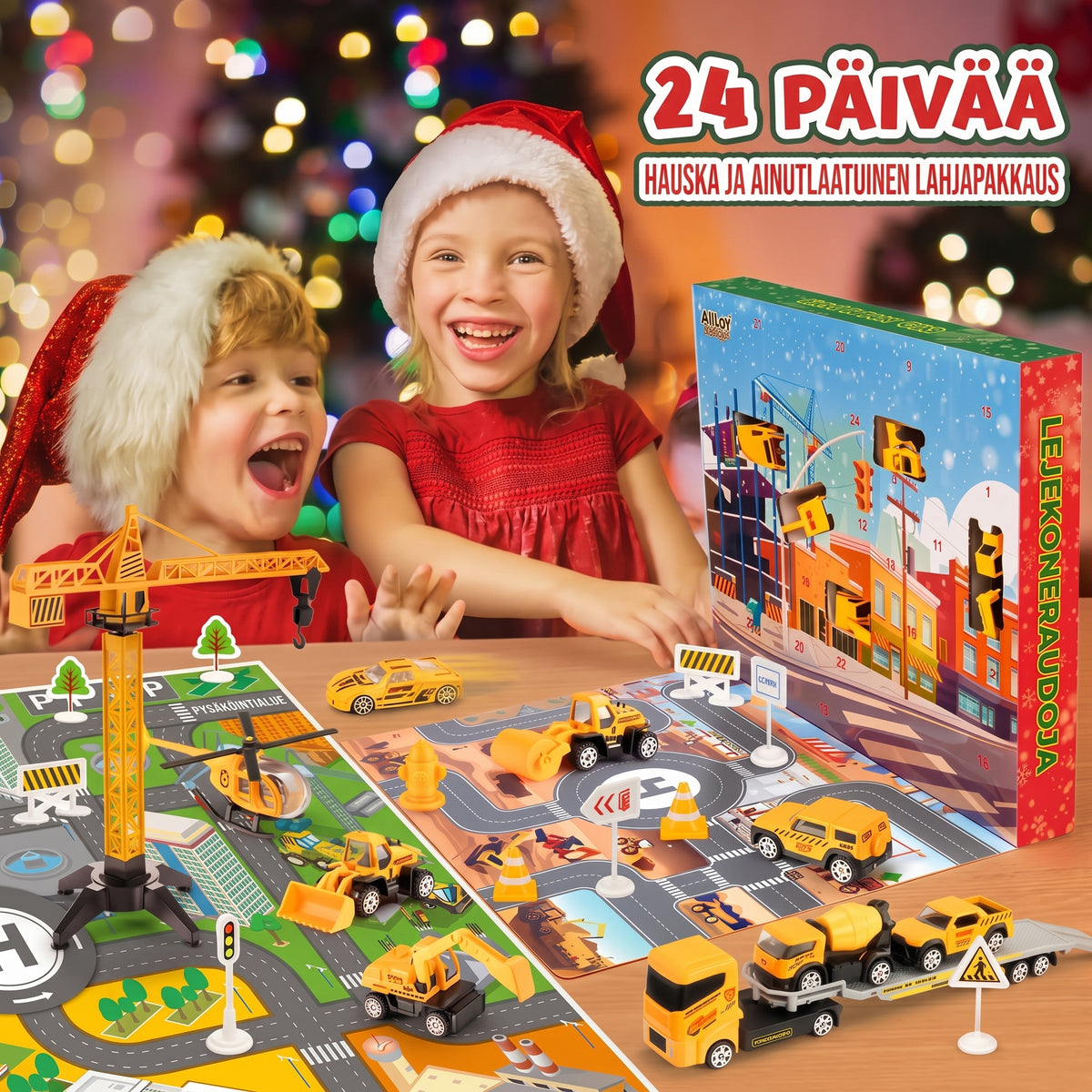Rakennustyömaa-aiheinen adventtikalenteri 24 metallisella minirakennusajoneuvolla