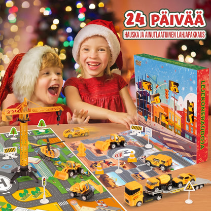 Rakennustyömaa-aiheinen adventtikalenteri 24 metallisella minirakennusajoneuvolla