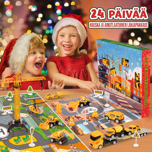 Rakennustyömaa-aiheinen adventtikalenteri 24 metallisella minirakennusajoneuvolla
