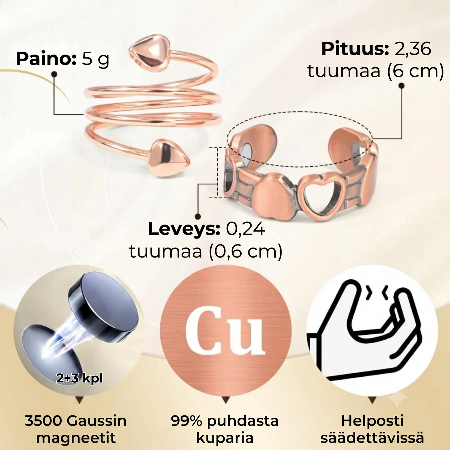 Säädettävä kuparinen hyvinvointisormus magneeteilla