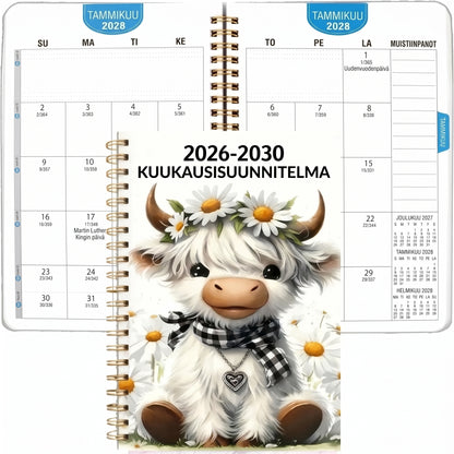 Viiden vuoden A5-kuukausikalenteri 2026–2030 skotlantilaisella ylämaankarjadesignilla