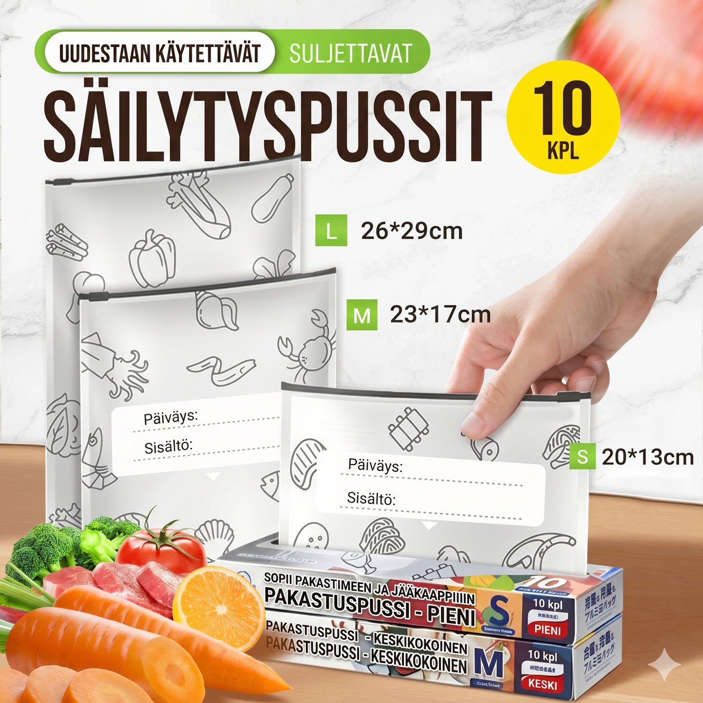 Uudelleenkäytettävät alumiinifoliosta valmistetut tuorepussit turvalukituksella – 10 kappaleen setti