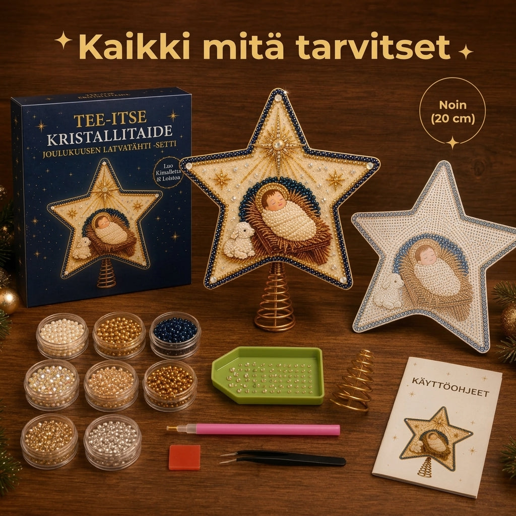 Uskonnollinen DIY-joulukuusentähtisetti helmillä ja timanteilla