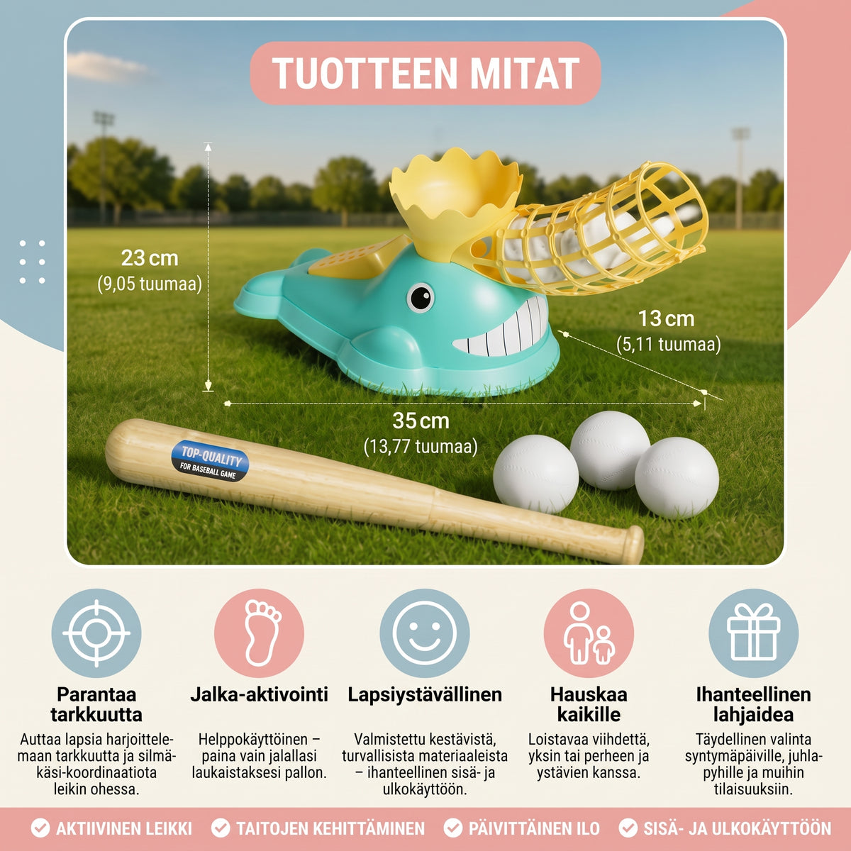 Jalkakäyttöinen baseball-pallonheitin lapsille mailalla ja palloilla