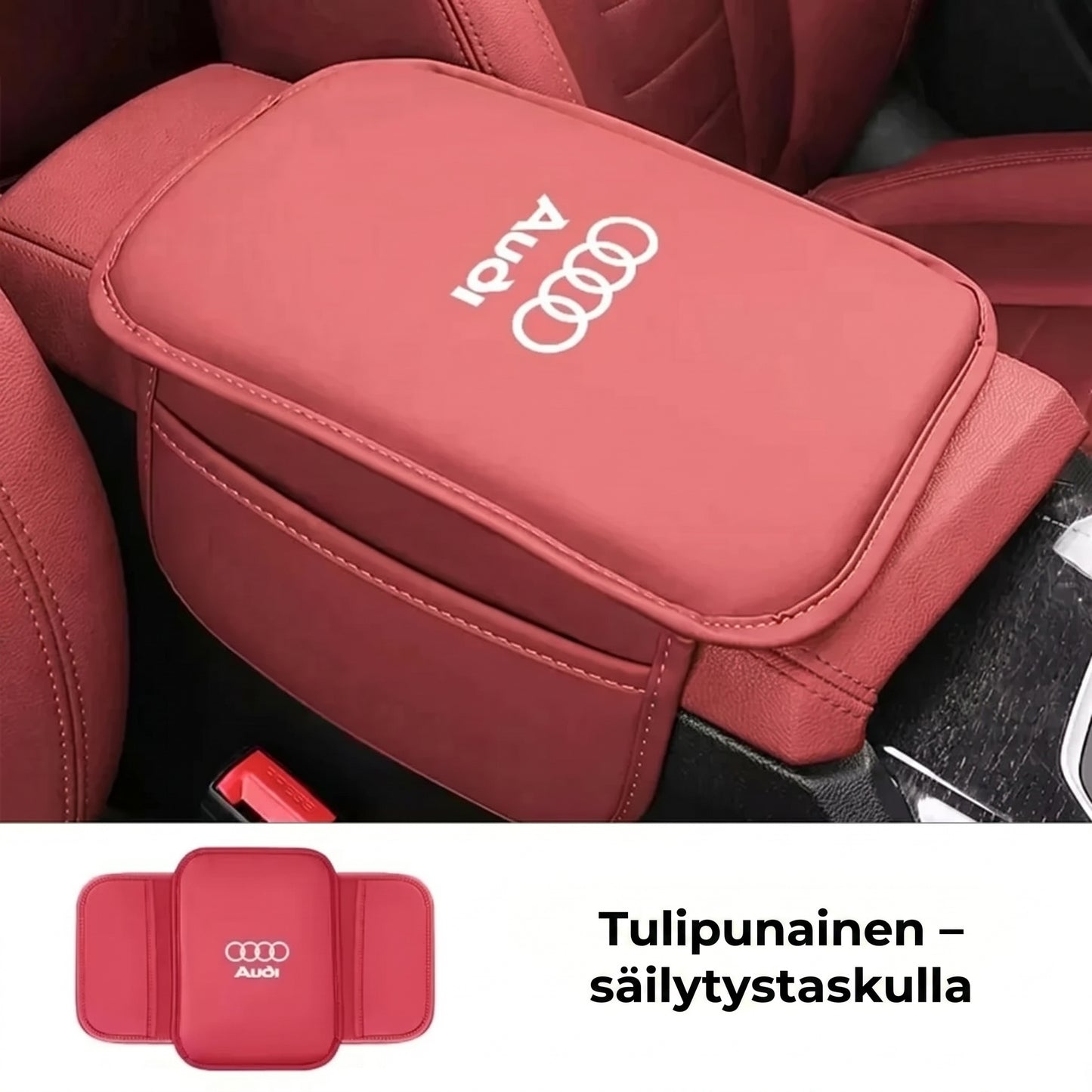 Auton keskikonsolin käsinojan suojus sivutaskuilla