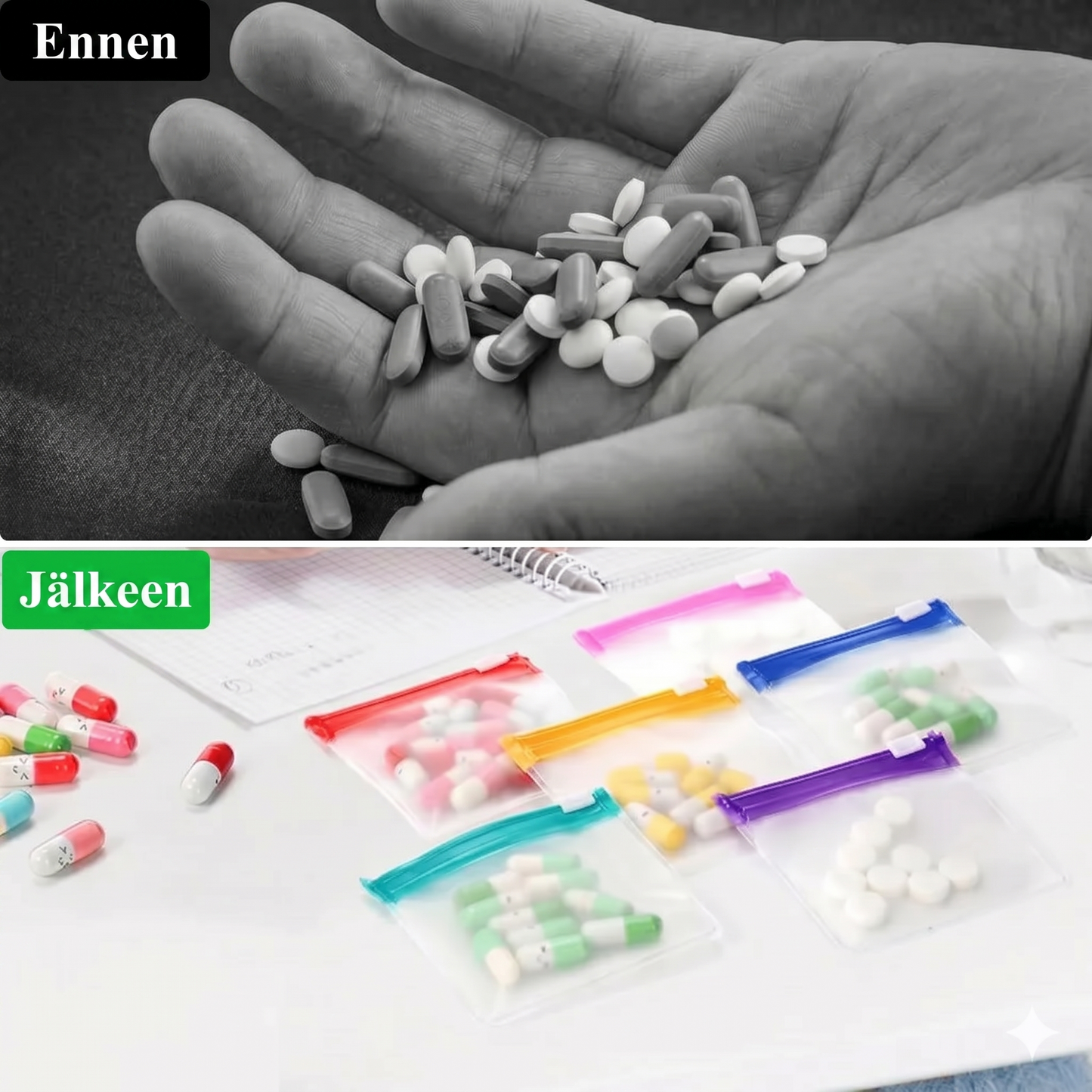 7 osan setti läpinäkyviä pilleripusseja liukulukituksella – ilmatiivis