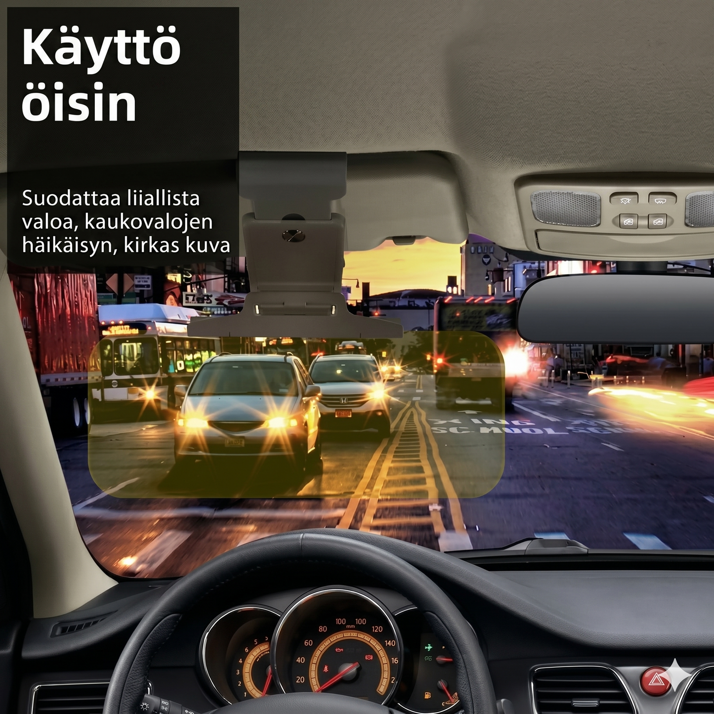 Klipsillä kiinnitettävä häikäisysuoja autoon