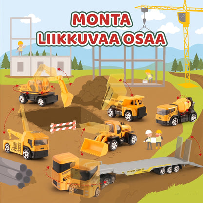 Rakennustyömaa-aiheinen adventtikalenteri 24 metallisella minirakennusajoneuvolla