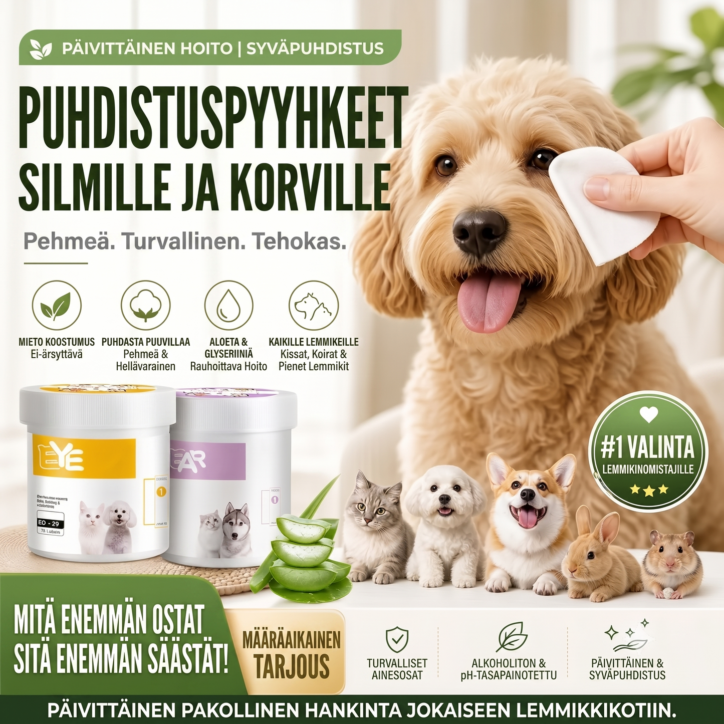 Alkoholittomat puhdistusliinat lemmikkien korville ja silmille