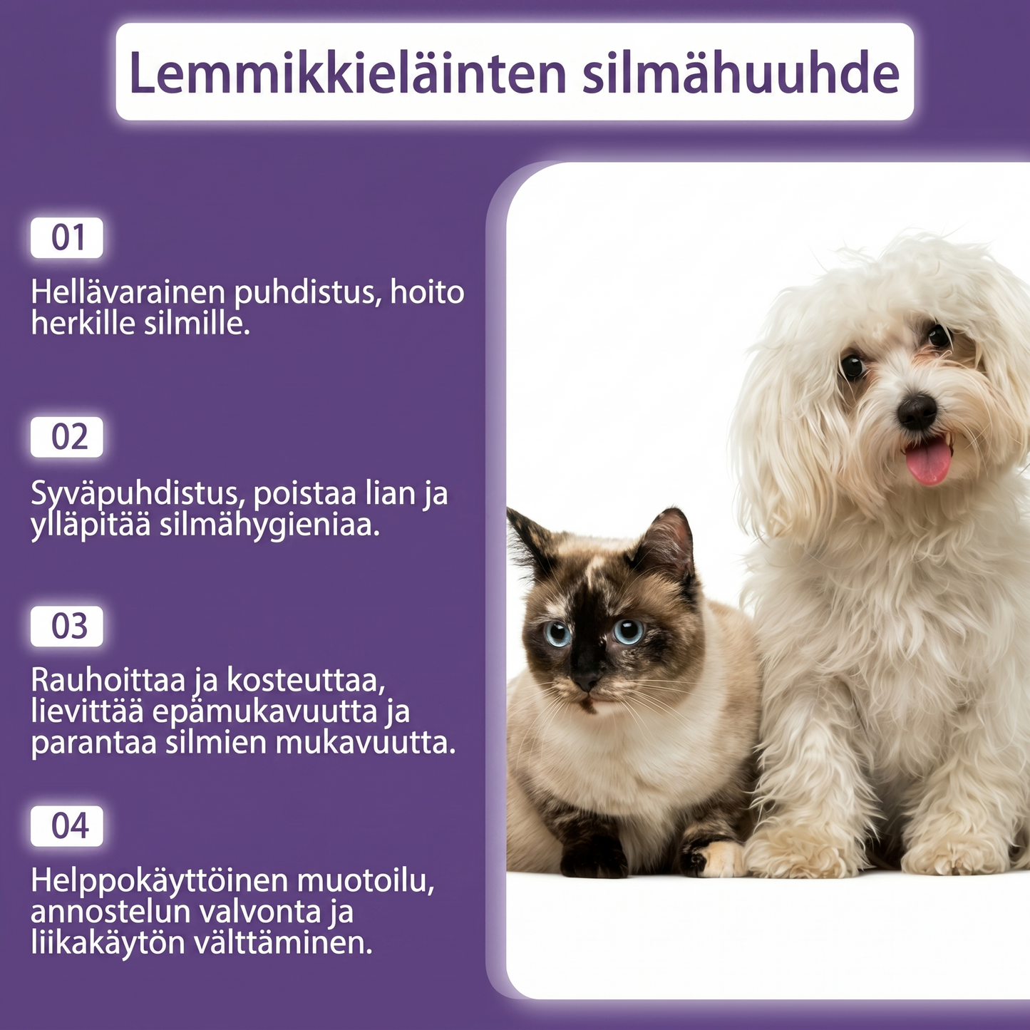 Hellävarainen silmienhuuhteluaine koirille ja kissoille