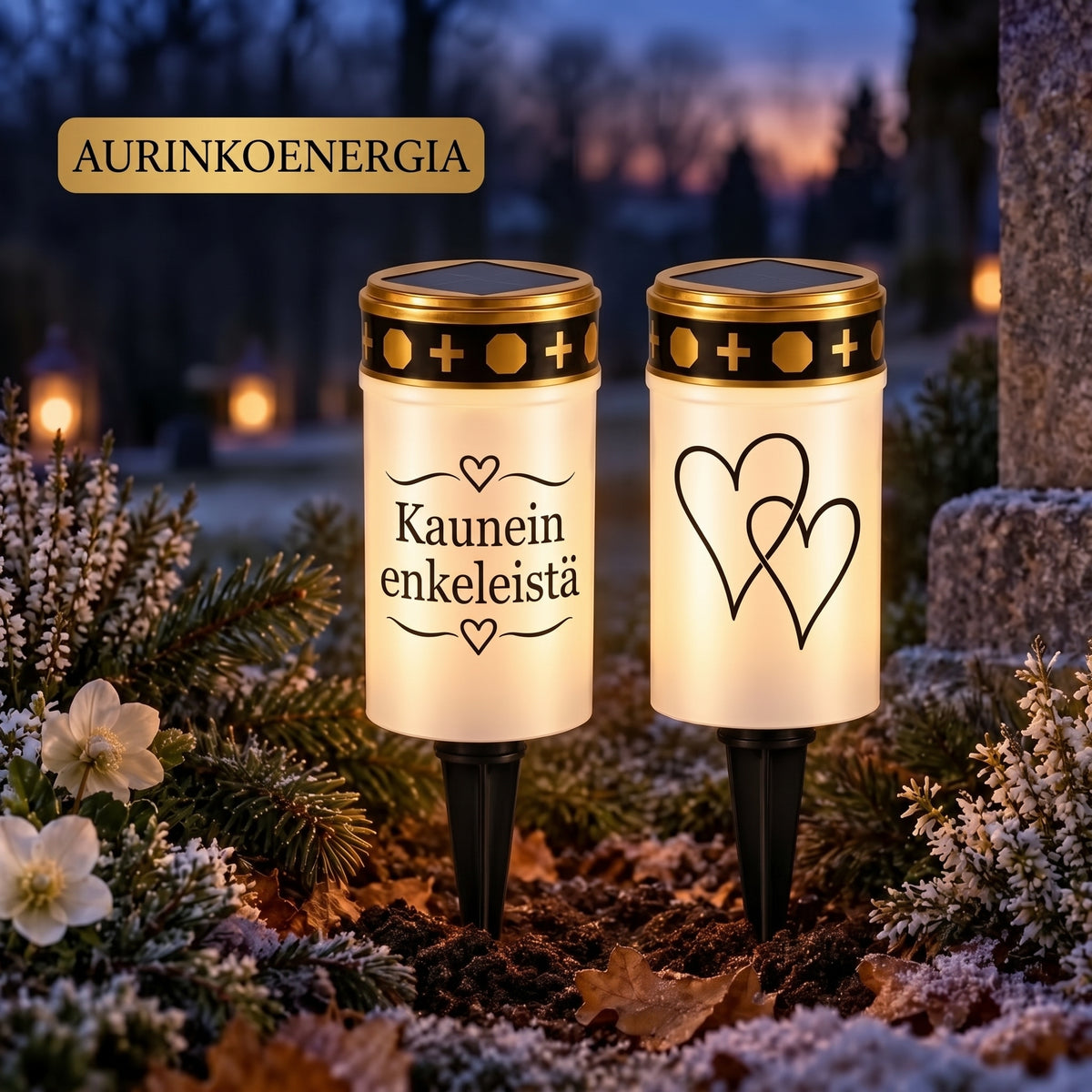 MinnesLjus LED-hautakynttilät 2 kappaleen setti aurinkokennolla tai paristolla